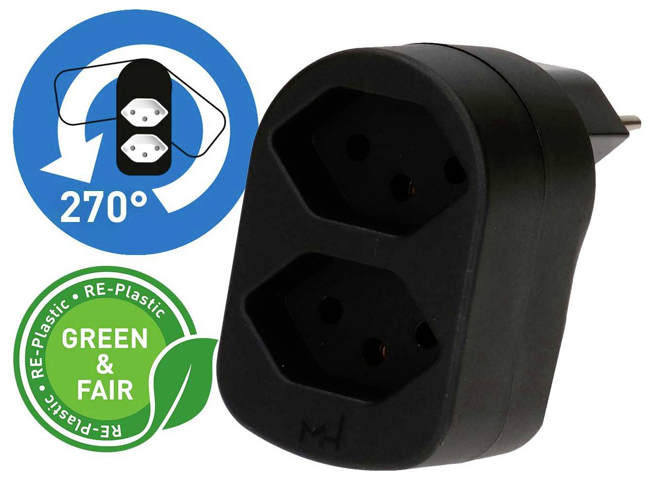 Adaptateur de prise double à angle noir présenté avec une icône de rotation à 270° et un badge écoplastique « GREEN & FAIR ».