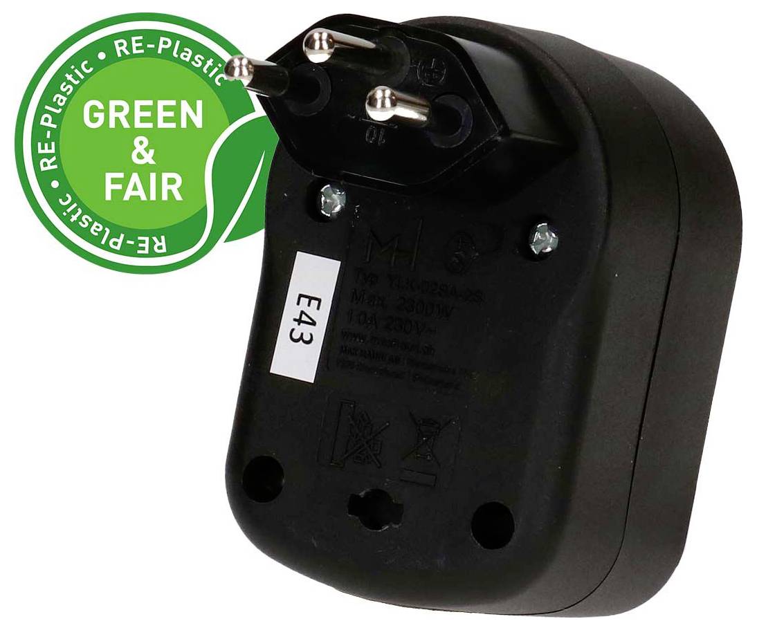 Adaptateur noir avec prise à trois broches rondes et étiquette « E43 », présenté à côté d'un badge de certification Re-Plastic « GREEN & FAIR » vert.