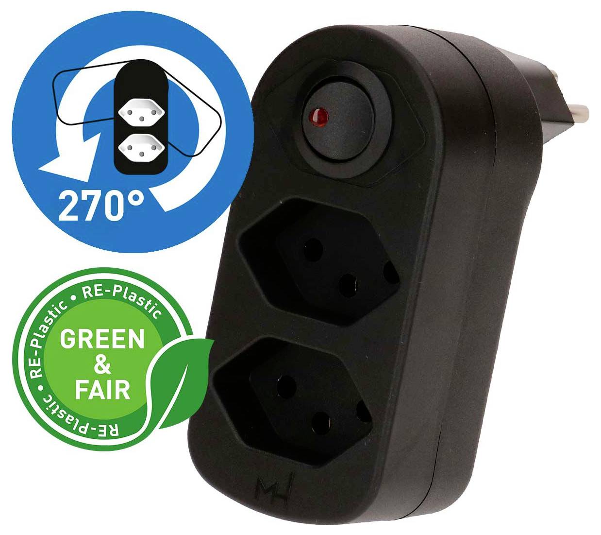 Adaptateur de prise mural noir avec fiche rotative 270° et étiquette 'GREEN & FAIR' en plastique recyclé.