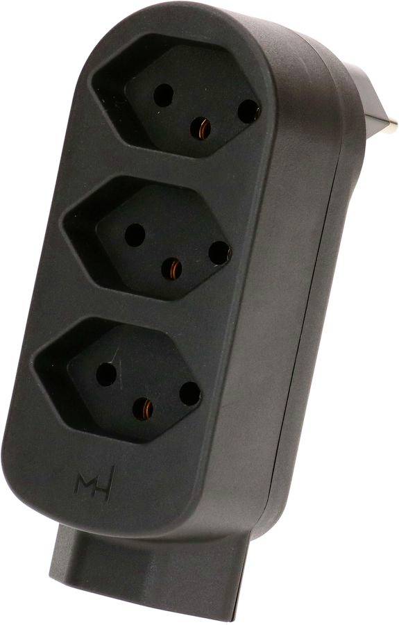 Adaptateur de prise noire à trois prises orienté en profil, avec trois prises empilées et une fiche mâle de style européen à droite.