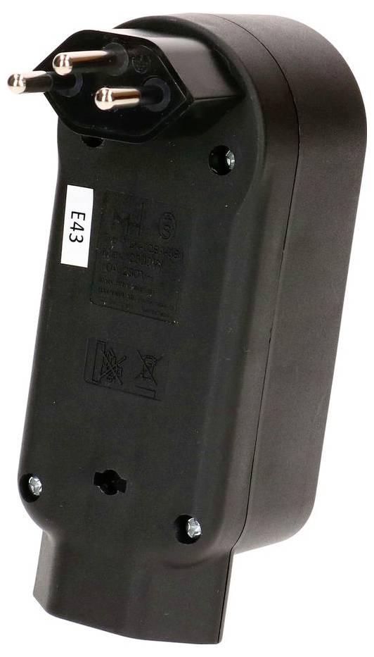 Adaptateur de prise électrique noire avec trois broches rondes et un panneau arrière étiqueté 'E43'.