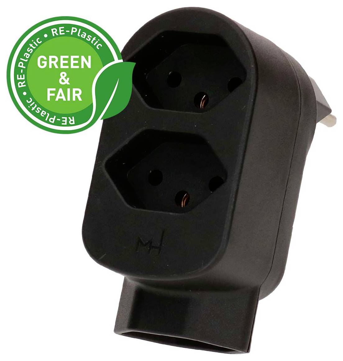 Adaptateur de prise double noir avec badge RE-plastique vert « GREEN & FAIR ».