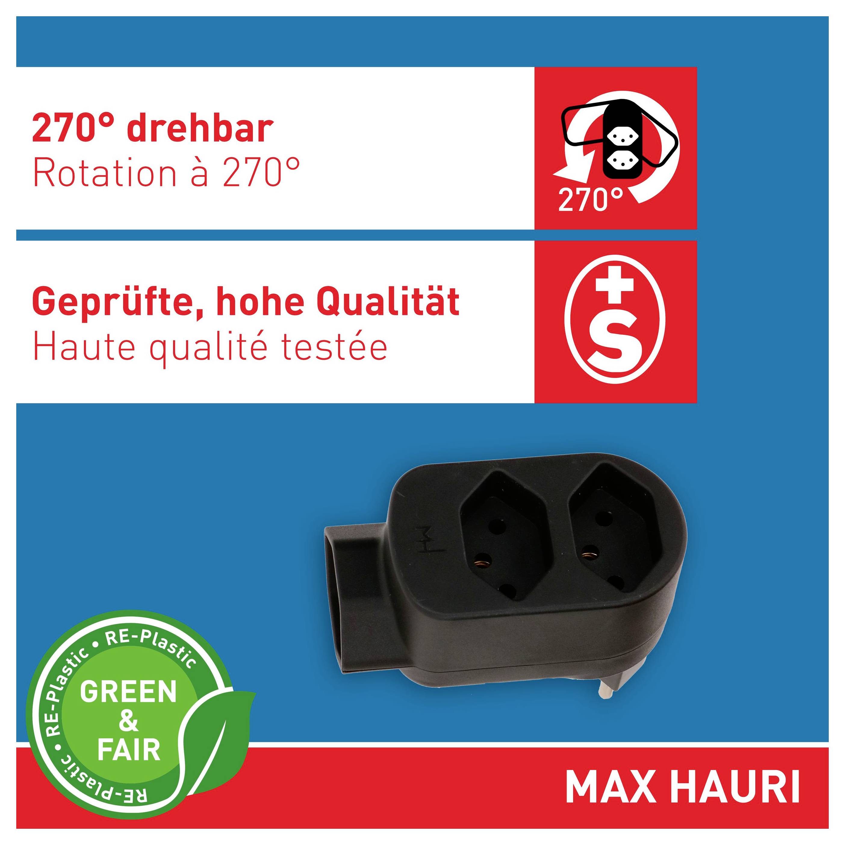 Adaptateur de prise électrique MAX HAURI rotatif 270°, de couleur noire, présentant des déclarations de qualité testée en allemand/français et un badge de recyclage Green & Fair.