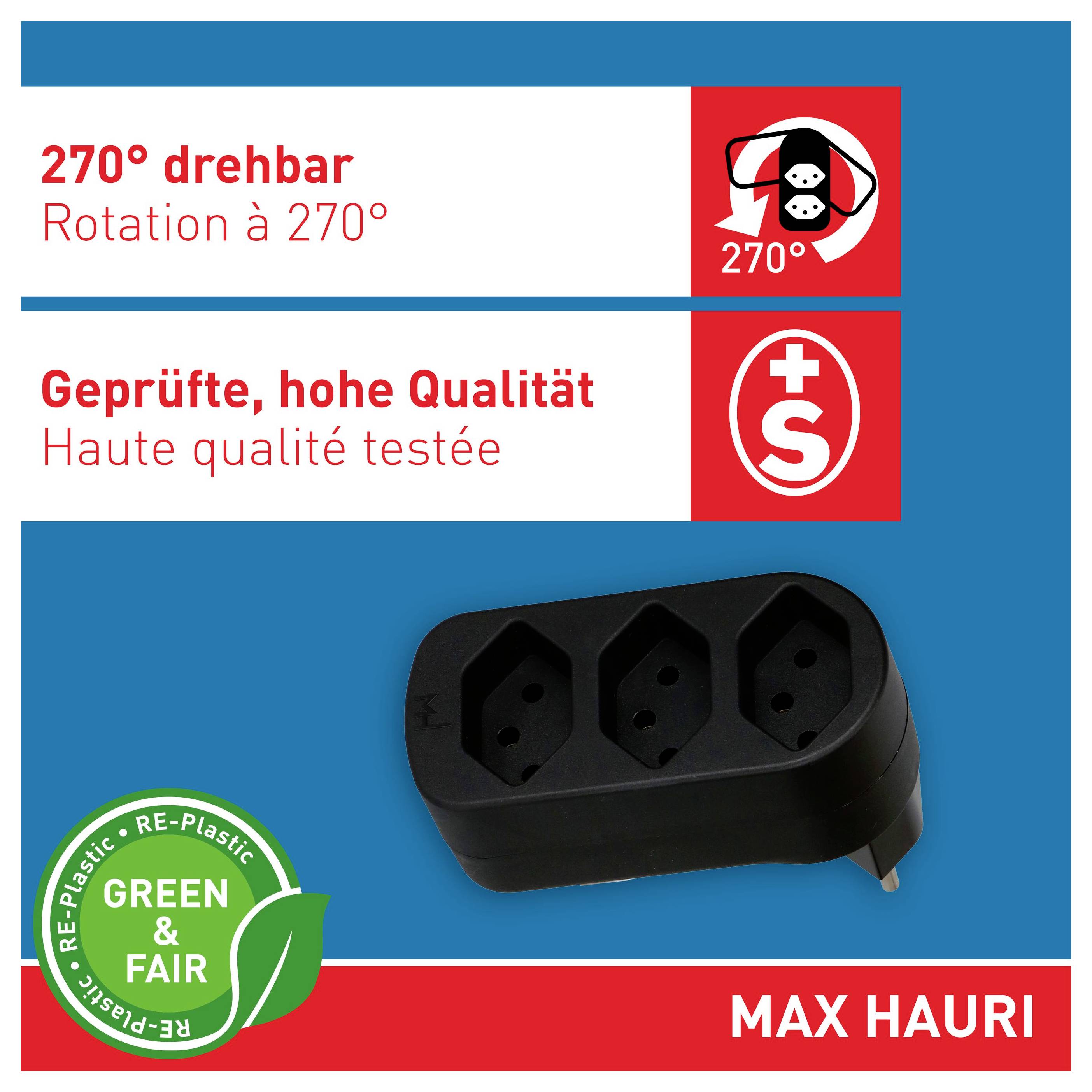 Graphique d'emballage de produit pour une multiprise Max Hauri montrant une rotation à 270°, testé haute qualité, et un sceau de plastique recyclé Green & Fair.