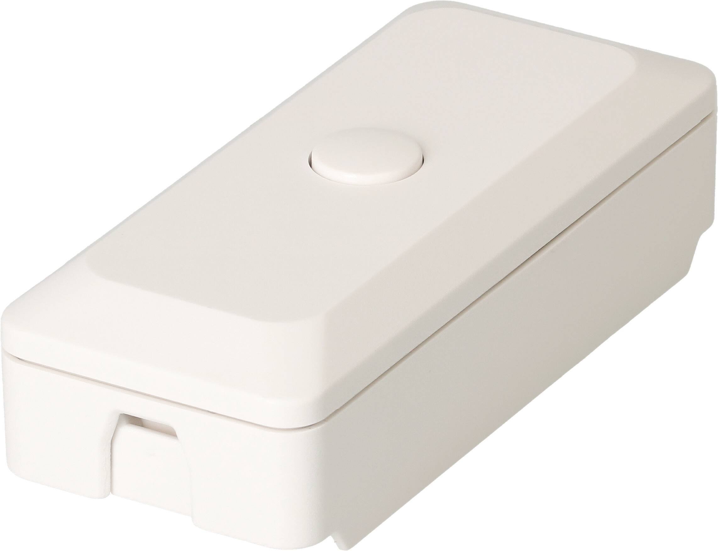 Boîtier électrique en plastique blanc de forme rectangulaire avec un couvercle amovible et un bouton rond ou capuchon central sur le dessus.