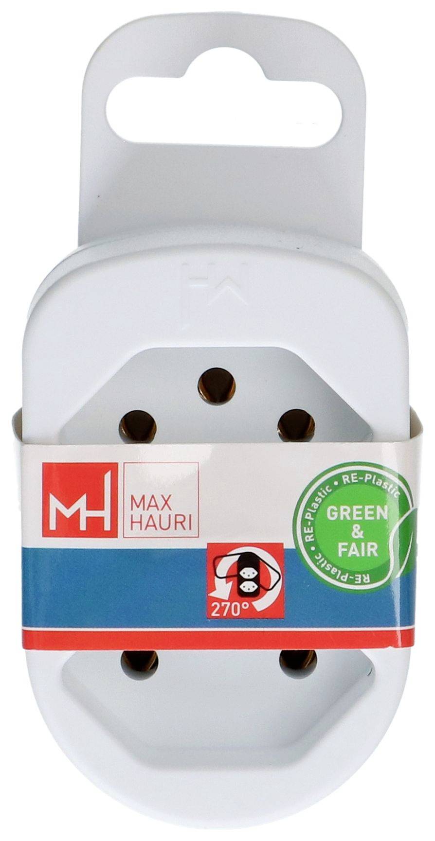 Un adaptateur électrique blanc emballé avec prise trois broches, étiqueté Max Hauri et Green & Fair.