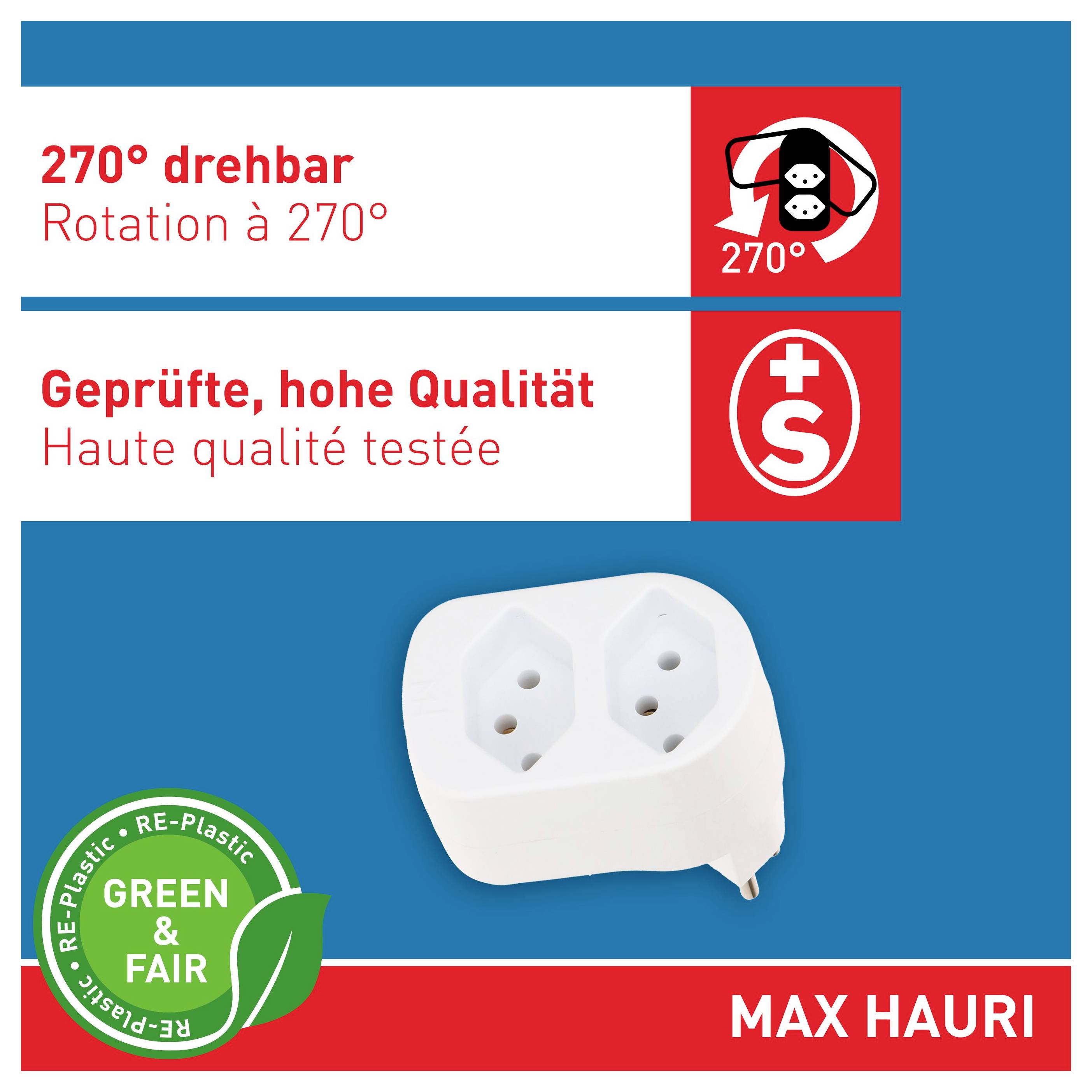 Emballage pour adaptateur double prise MAX HAURI, montrant une rotation de 270°, testé haute qualité, et étiquette en plastique Green & Fair.