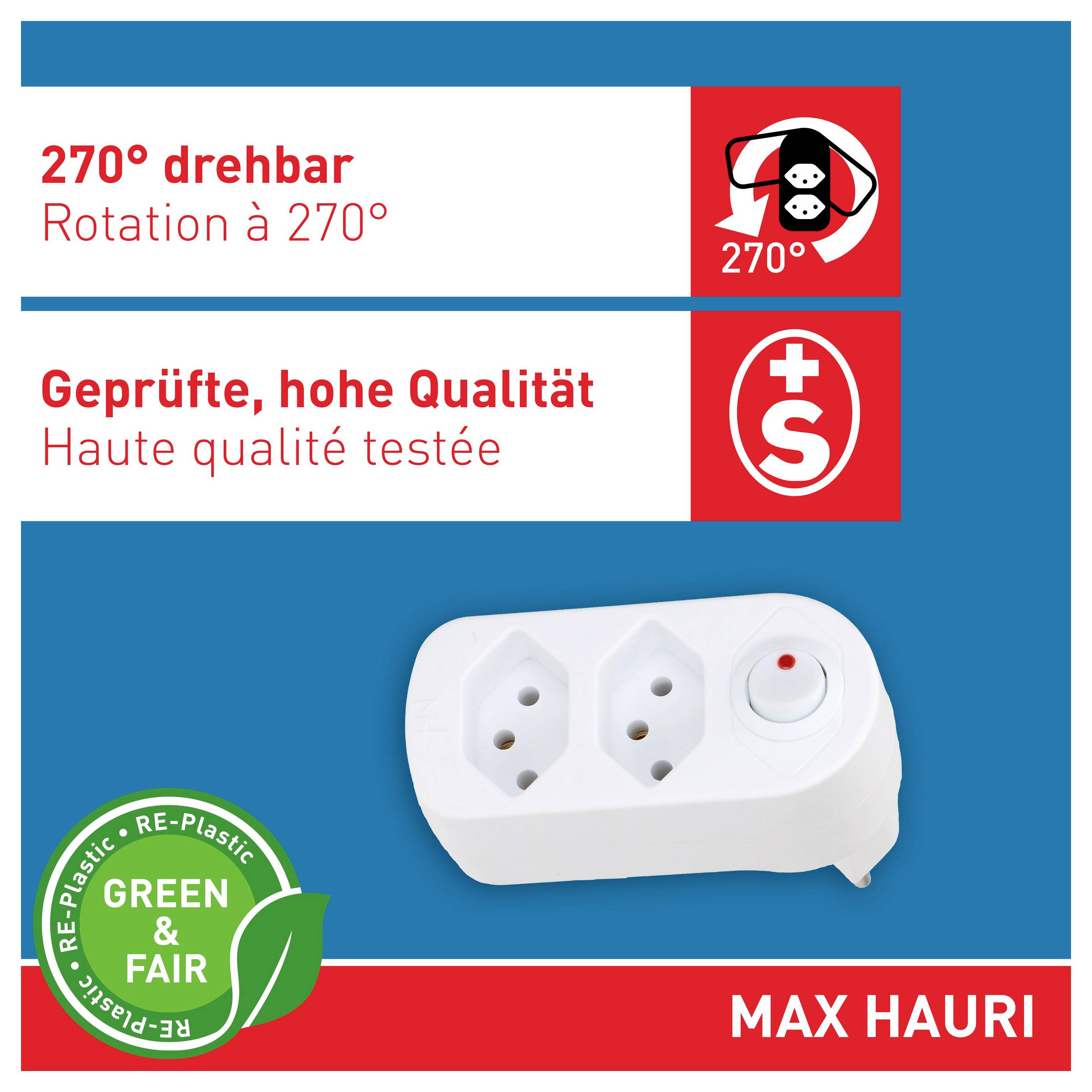 Image d'un produit d'une barre d'alimentation MAX HAURI avec trois prises et une fiche rotative à 270°, étiqueté en allemand/français comme étant de haute qualité testée et « Green & Fair ».