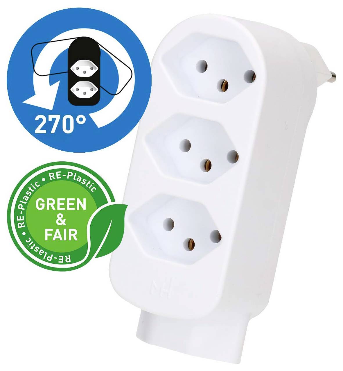 Adaptateur secteur blanc triple avec prise rotative à 270 degrés et étiquette 'GREEN & FAIR' en plastique recyclé.