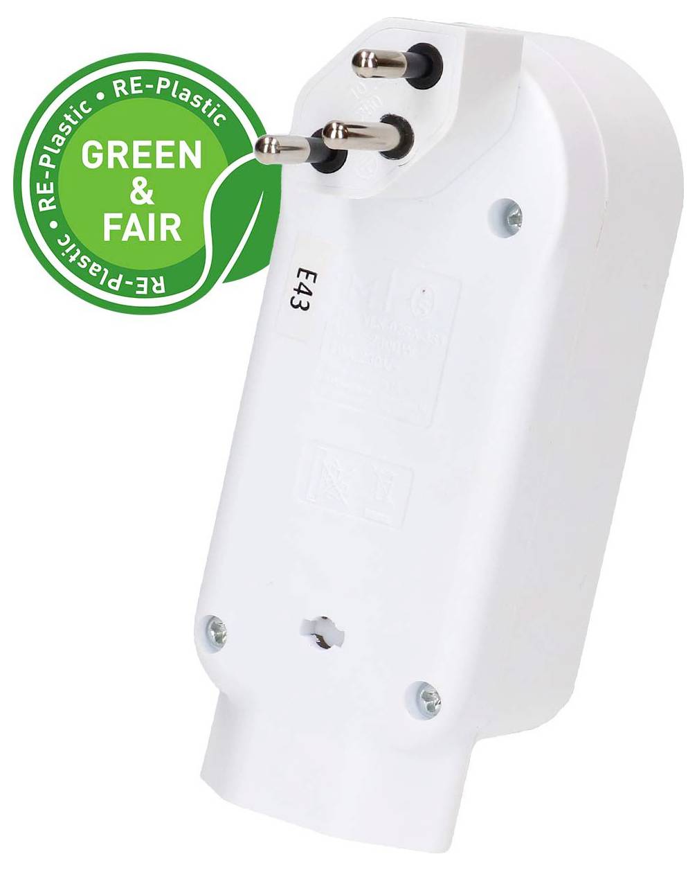 Adaptateur de prise électrique blanc à trois broches avec étiquette écologique verte « GREEN & FAIR » Re-Plastic