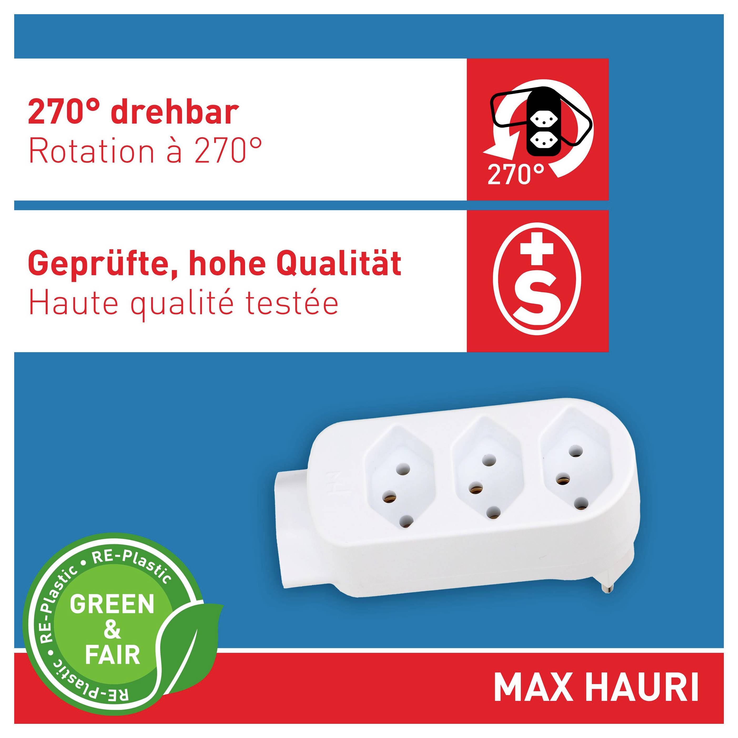 Multiprise Max Hauri avec rotation de 270°, qualité testée, et badge de certification Green & Fair Re-Plastic.