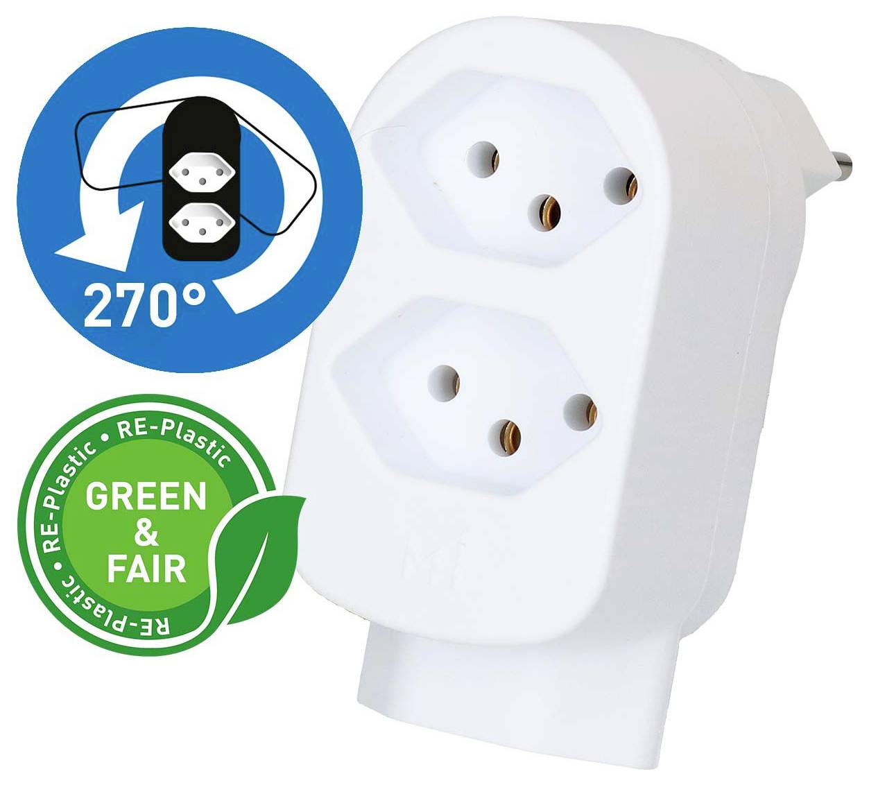 Adaptateur de prise double blanc avec prise rotatif 270°, présenté avec un badge « Green & Fair » en plastique recyclé.