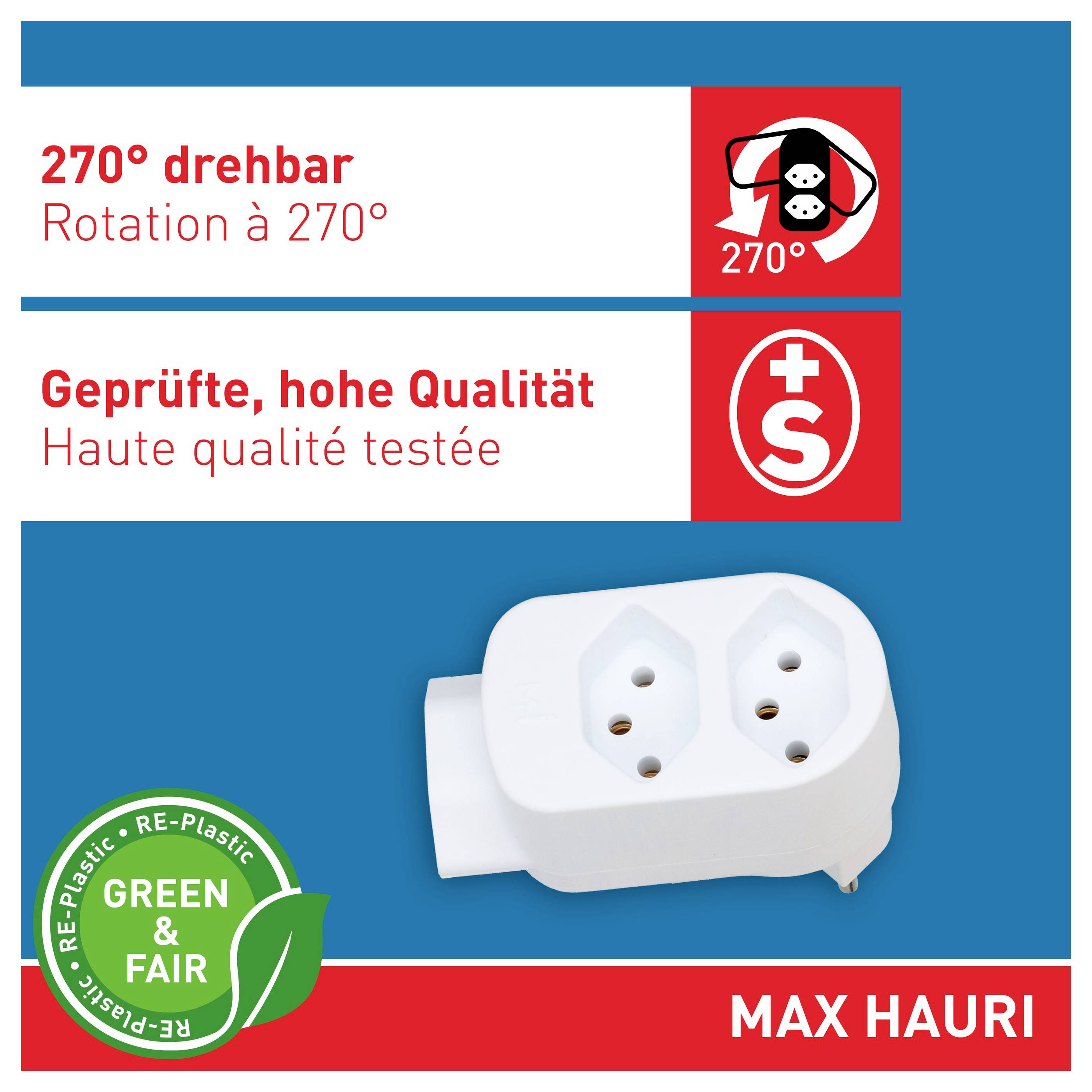 Adaptateur double prise électrique blanc Max Hauri avec rotation 270°, qualité testée et label écologique Green & Fair.