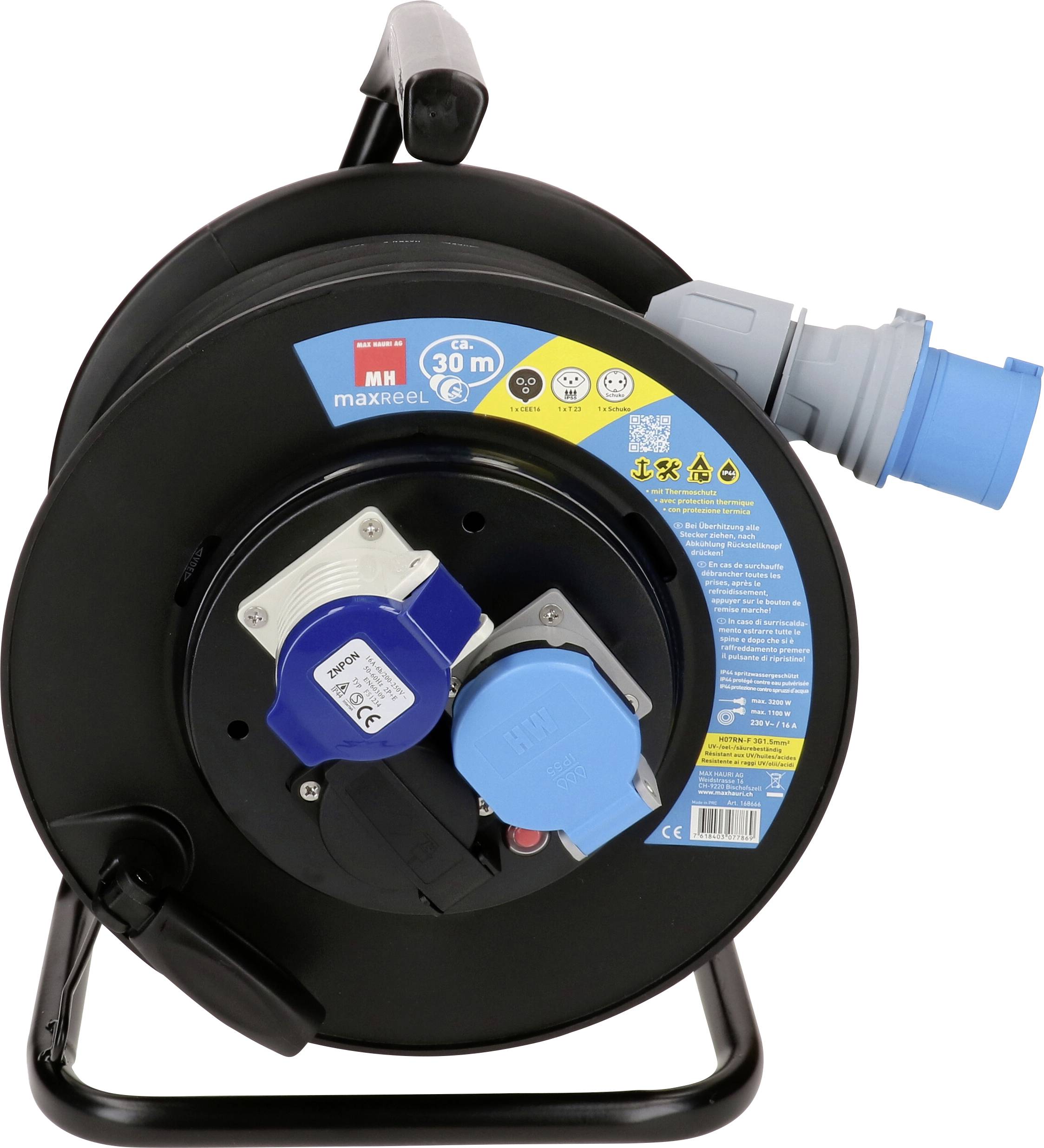 Enrouleur de câble portable avec cadre noir et prises de courant industrielles bleues, étiqueté pour usage de câble 30 m et 16 A.