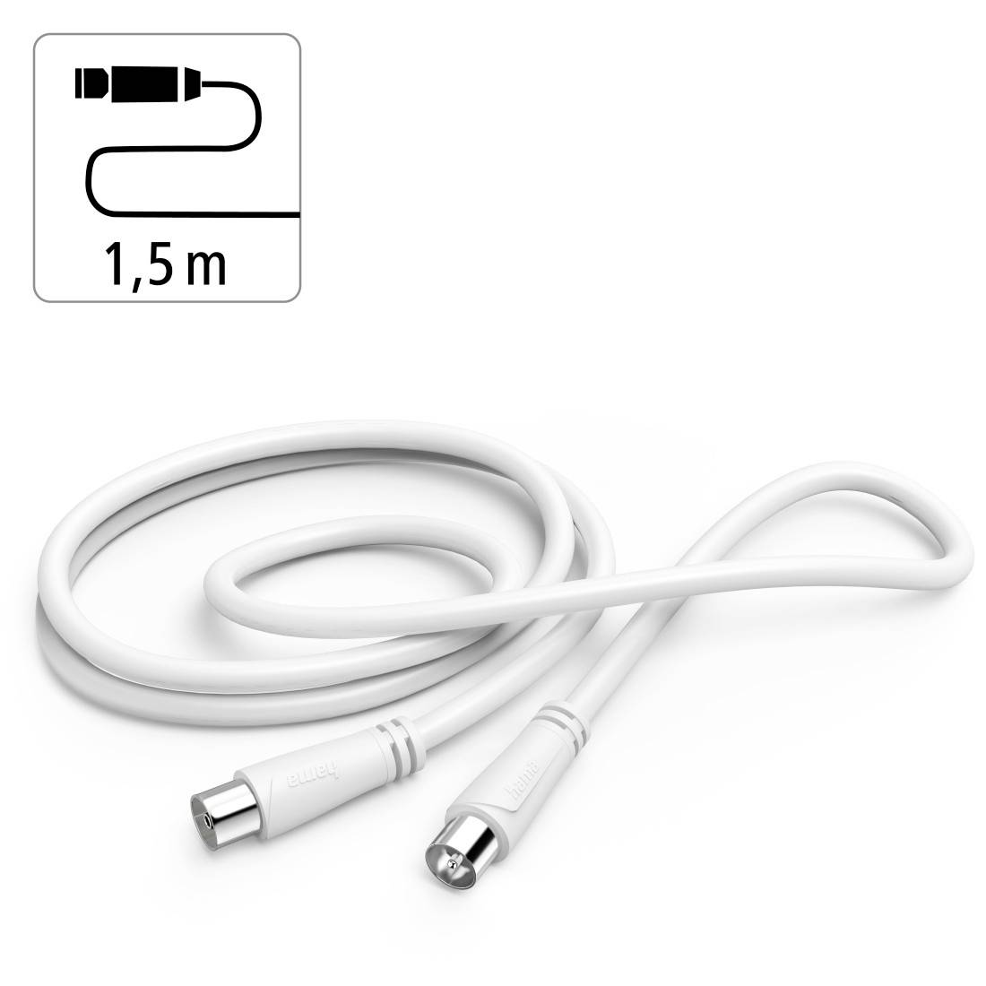 Câble blanc de 1,5 m avec deux connecteurs métalliques, montré enroulé sur un fond blanc.