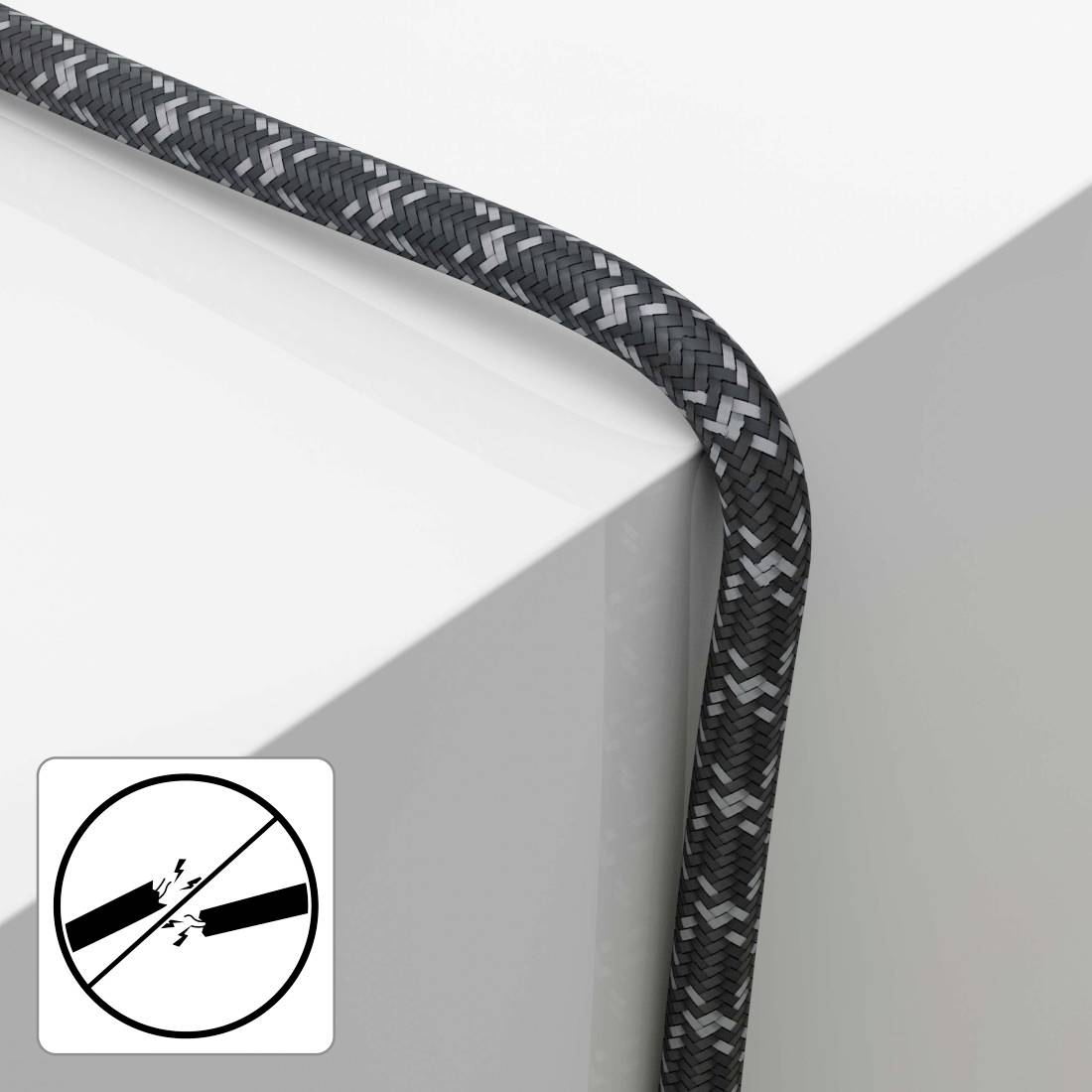 Câble tressé noir effiloché plié sur un coin, avec une icône de sécurité indiquant un cordon endommagé et un risque électrique.