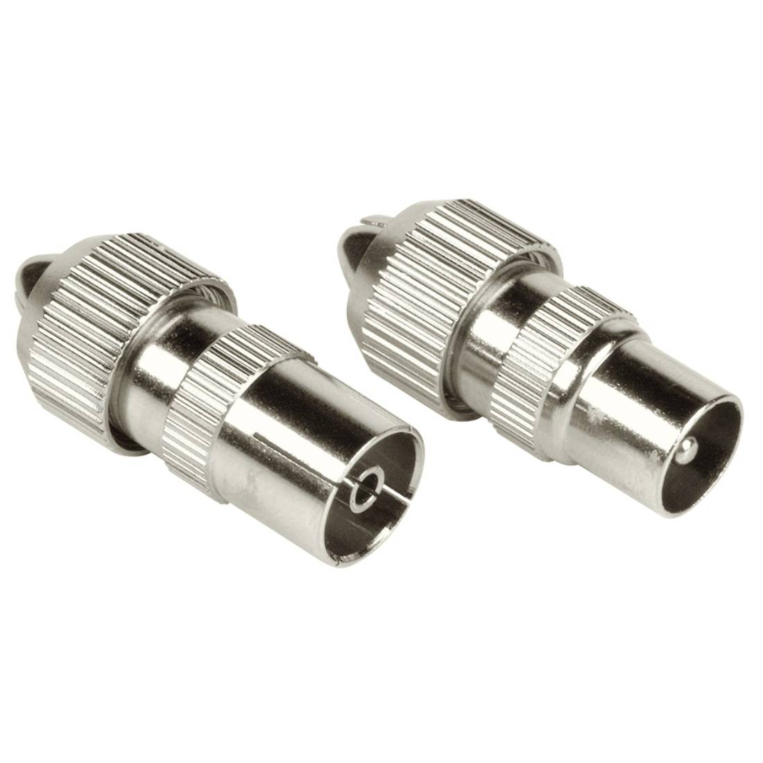 Deux connecteurs de câble coaxial métalliques coaxiaux présentés sur un fond blanc, inclinés côte à côte.