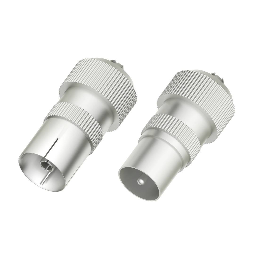 Deux connecteurs de câble coaxial argentés présentés côte à côte sur un fond blanc, l'un avec une broche centrale et l'autre avec une prise.