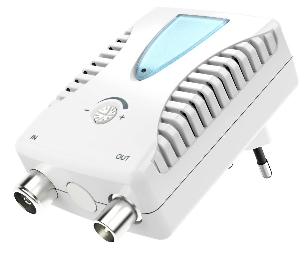 Amplificateur de signal électronique blanc ou amplificateur de signal avec deux ports coaxiaux, cadran réglable et voyant indicateur bleu sur fond blanc