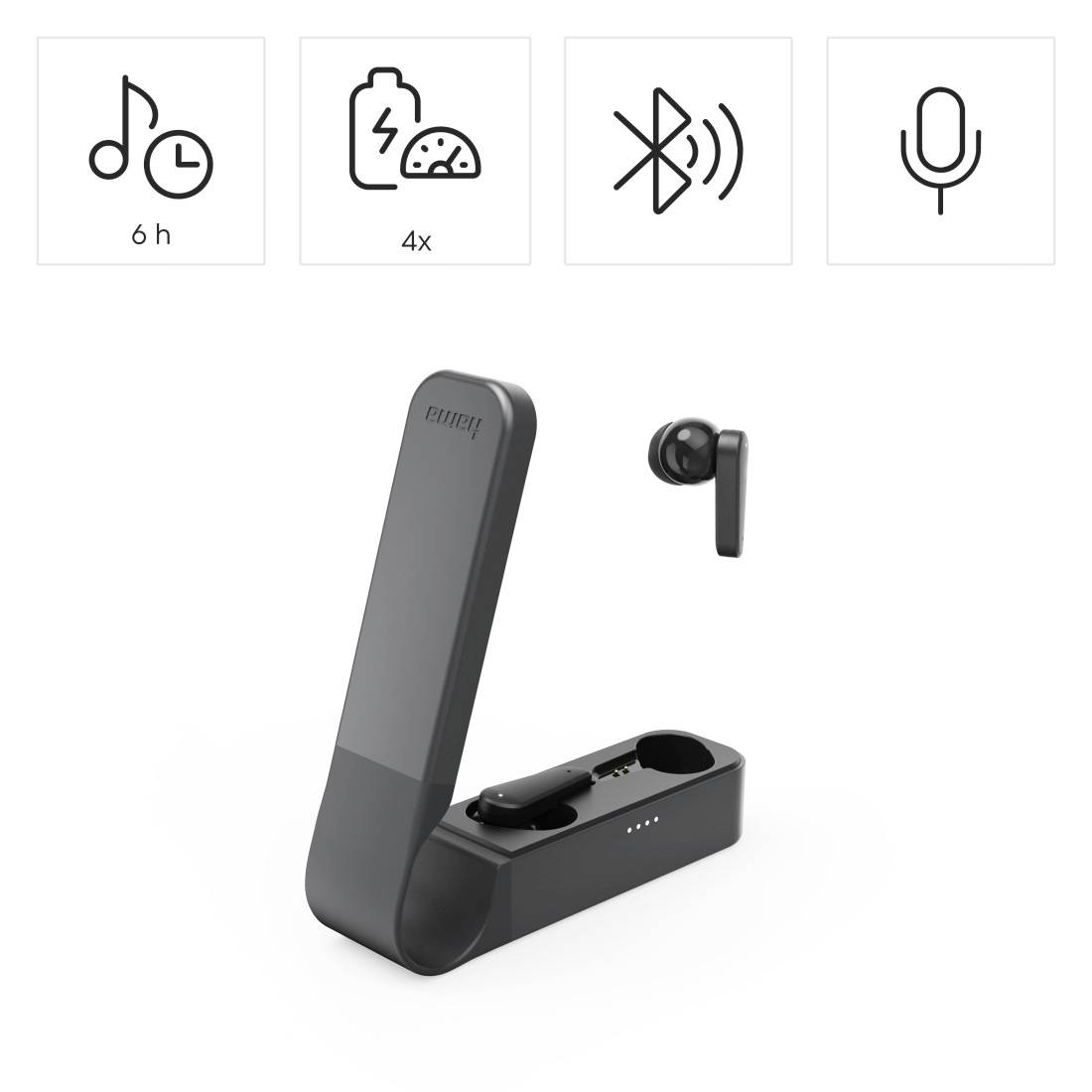Étui de charge pour écouteurs sans fil avec un écouteur visible ; les icônes indiquent une autonomie de 6 heures, 4 charges, Bluetooth et microphone.