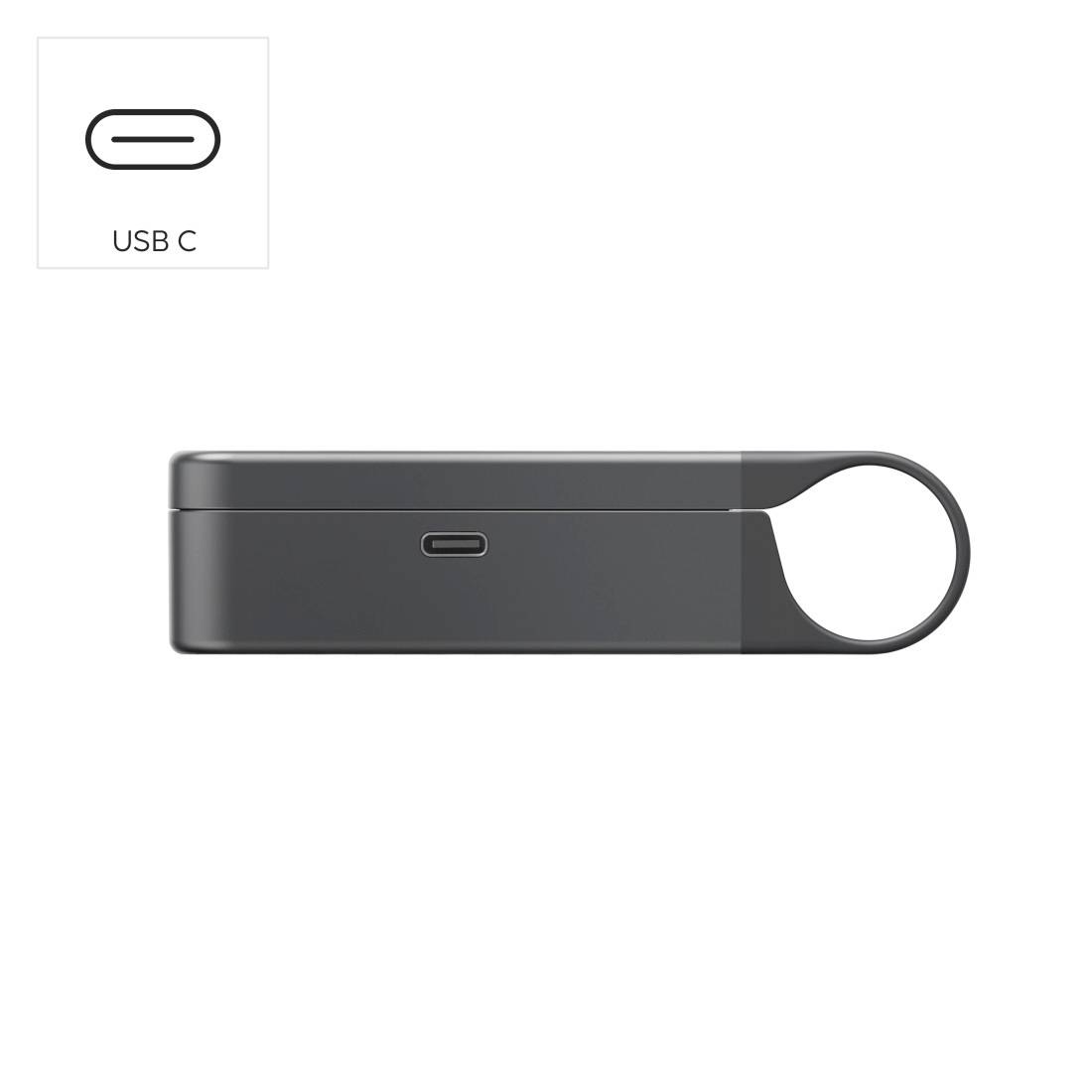 Petit appareil USB-C noir présenté de profil avec un port USB-C centré et une poignée en boucle circulaire sur la droite.