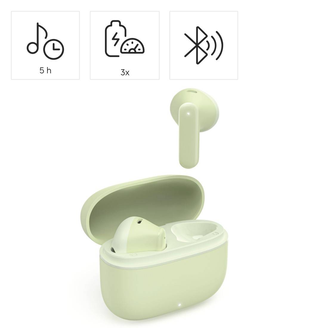 Illustration d'un étui de recharge pour écouteurs sans fil vert clair avec un écouteur flottant au-dessus ; les icônes affichent une batterie de 5 heures, 3x de recharge et la connectivité Bluetooth.