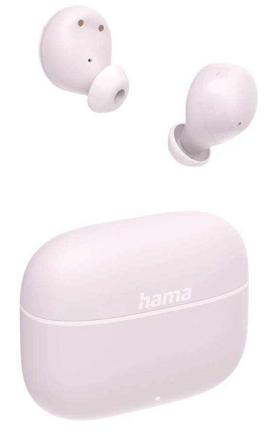 Écouteurs sans fil Hama rose pastel avec étui de recharge sur fond blanc.