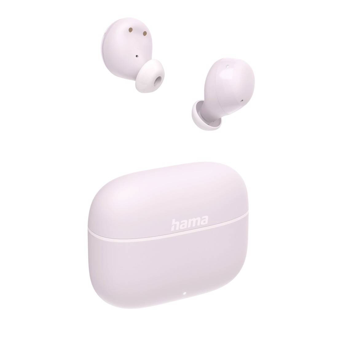 Écouteurs sans fil Pink Hama avec boîtier de charge assorti sur fond blanc.