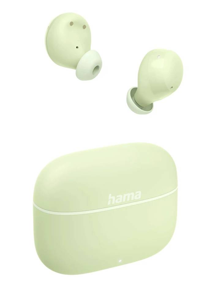 Écouteurs sans fil Hama vert clair et étui de charge assorti sur fond blanc.