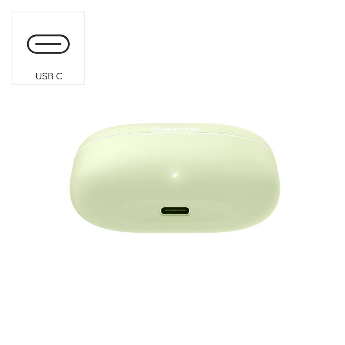 Boîtier de recharge ovale vert clair brillant avec un port USB-C ; étiquette d'icône en retrait identifiant le port « USB C ».