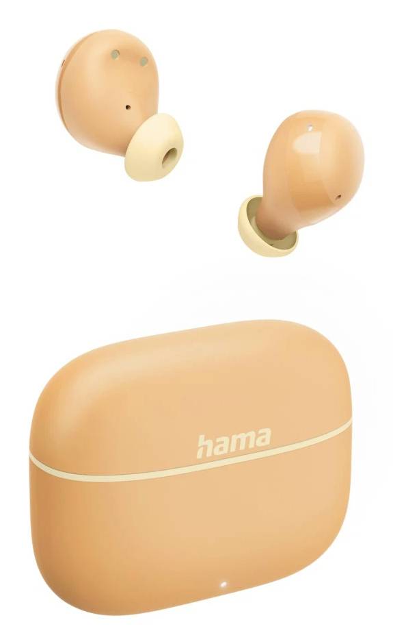 Deux écouteurs sans fil Hama beiges au-dessus d'un boîtier de chargement assorti sur un fond blanc.