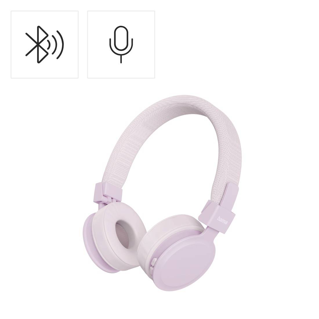Casque sans fil lavande supra-auriculaire avec icônes Bluetooth et microphone, indiquant le support audio sans fil et la prise en charge vocale.