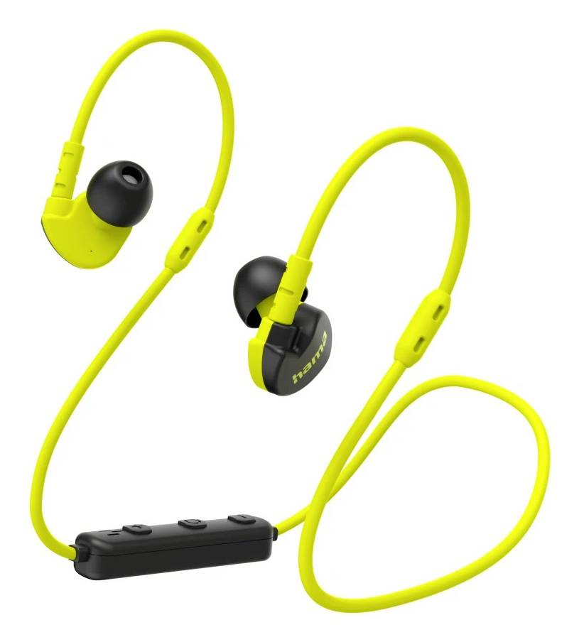 Des écouteurs sans fil en tour de cou jaunes avec des embouts auriculaires noirs et des commandes en ligne sur un fond blanc.