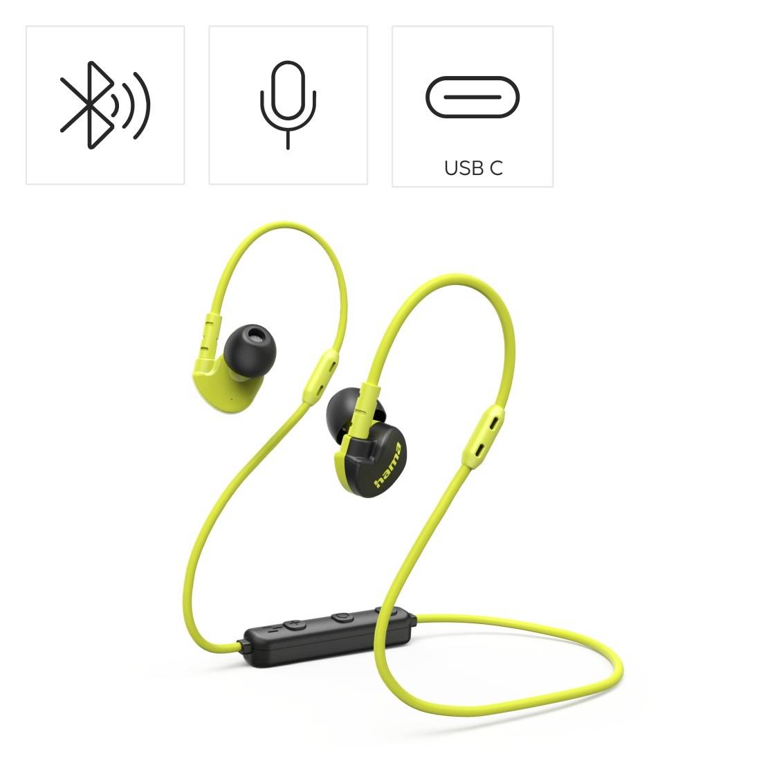 Écouteurs sans fil Bluetooth de type collier avec microphone intégré et charge USB-C, présentés en vert citron avec module de commande.