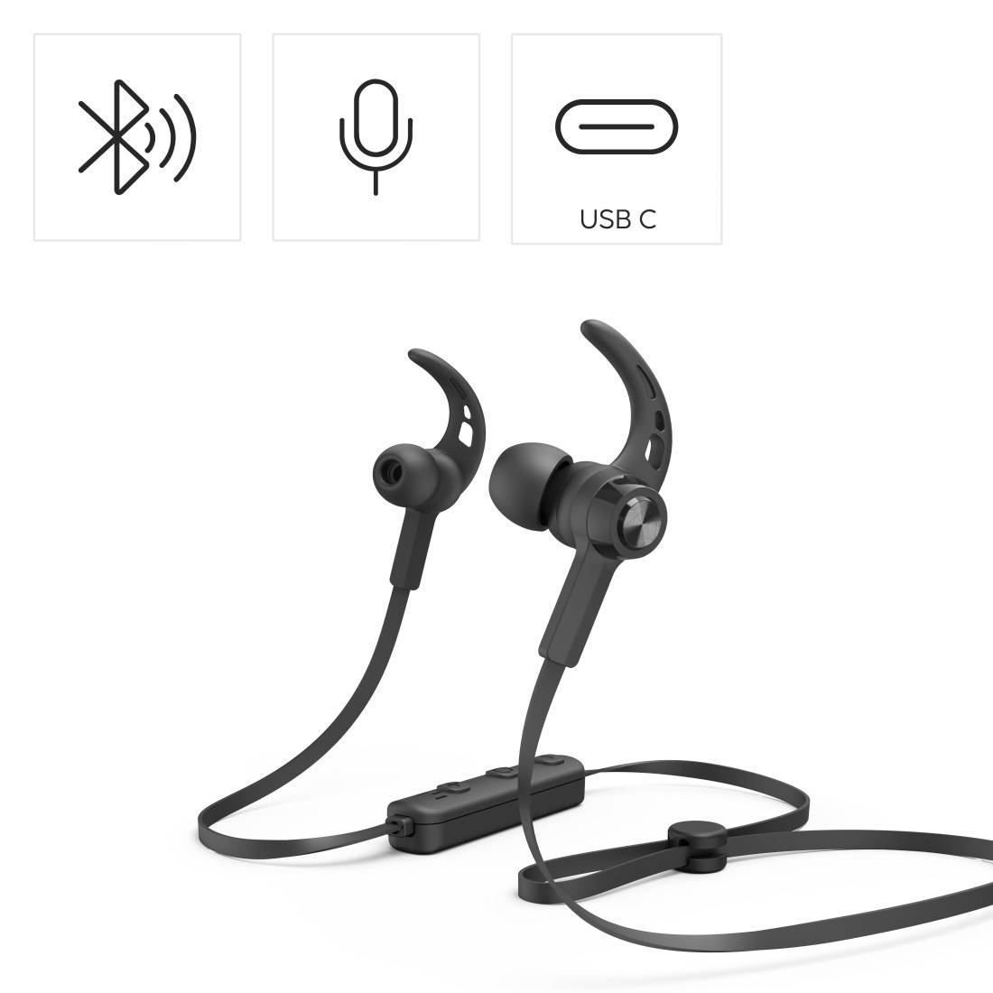Écouteurs sport sans fil noirs avec Bluetooth, microphone intégré et charge USB-C présentés avec module de commande et crochets auriculaires.
