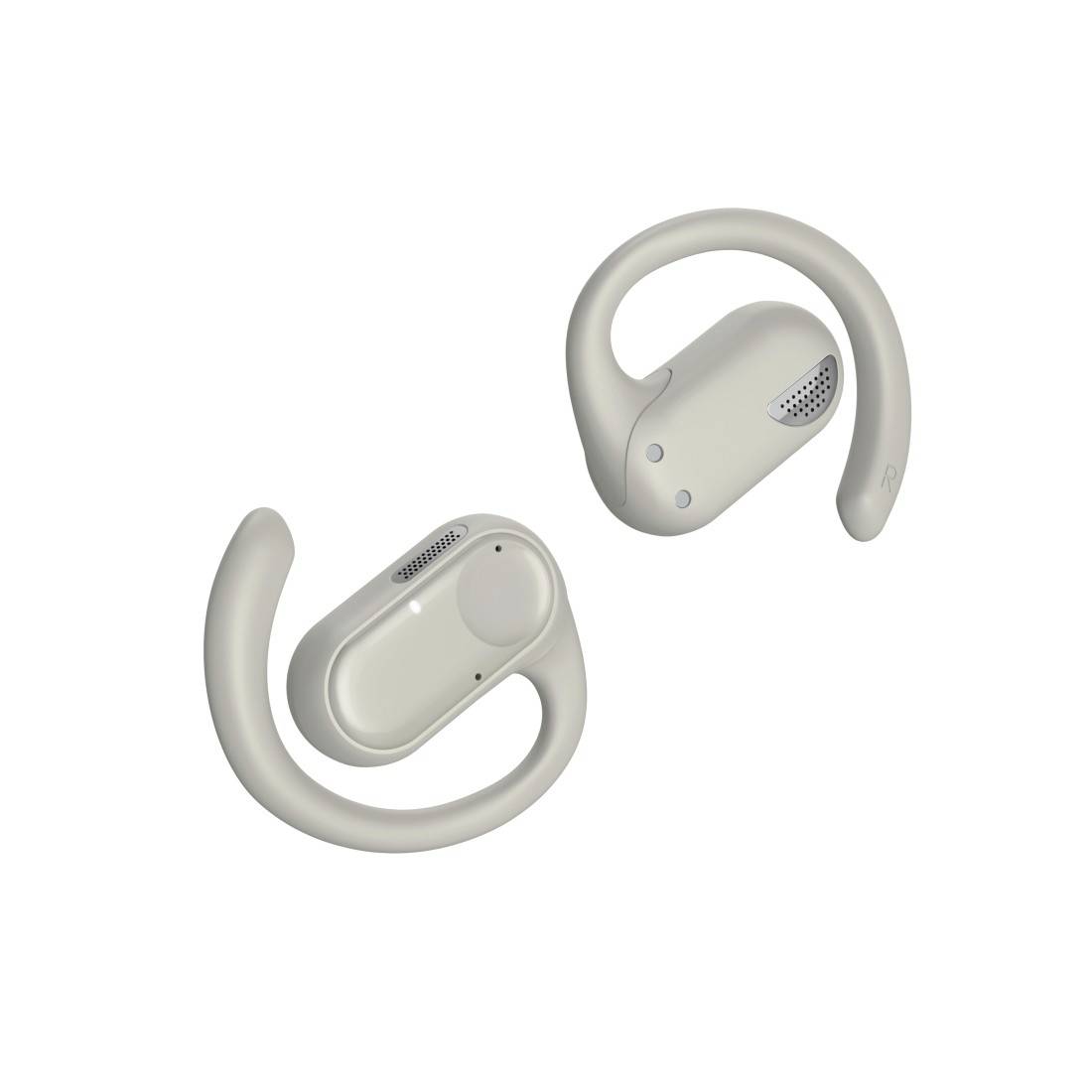 Deux écouteurs sans fil supra-auriculaires beiges présentés sur un fond blanc, vus sous des angles opposés.