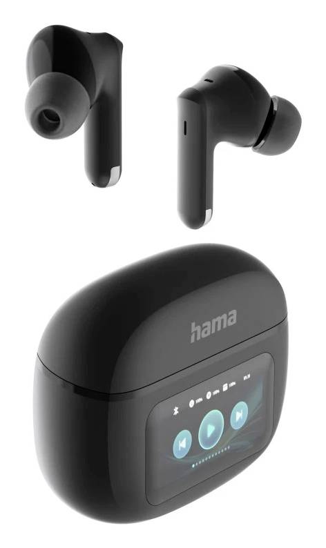 Écouteurs sans fil noirs avec étui de charge affichant un petit écran tactile et le logo Hama.