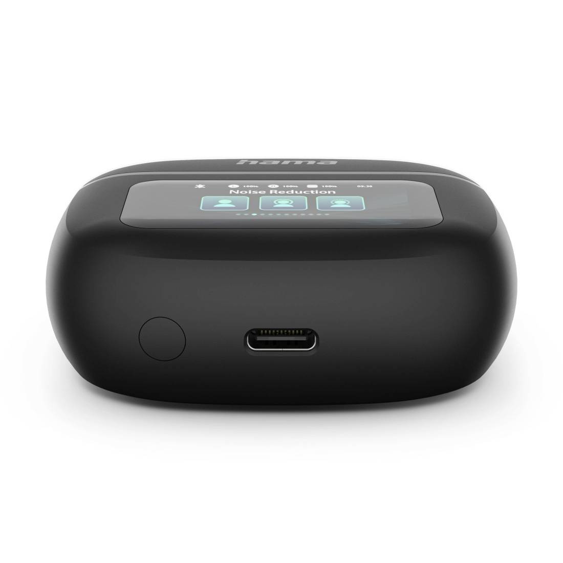 Étui de charge pour écouteurs sans fil noirs avec port USB-C à l'avant, bouton rond et petit écran en haut affichant les paramètres de réduction du bruit.