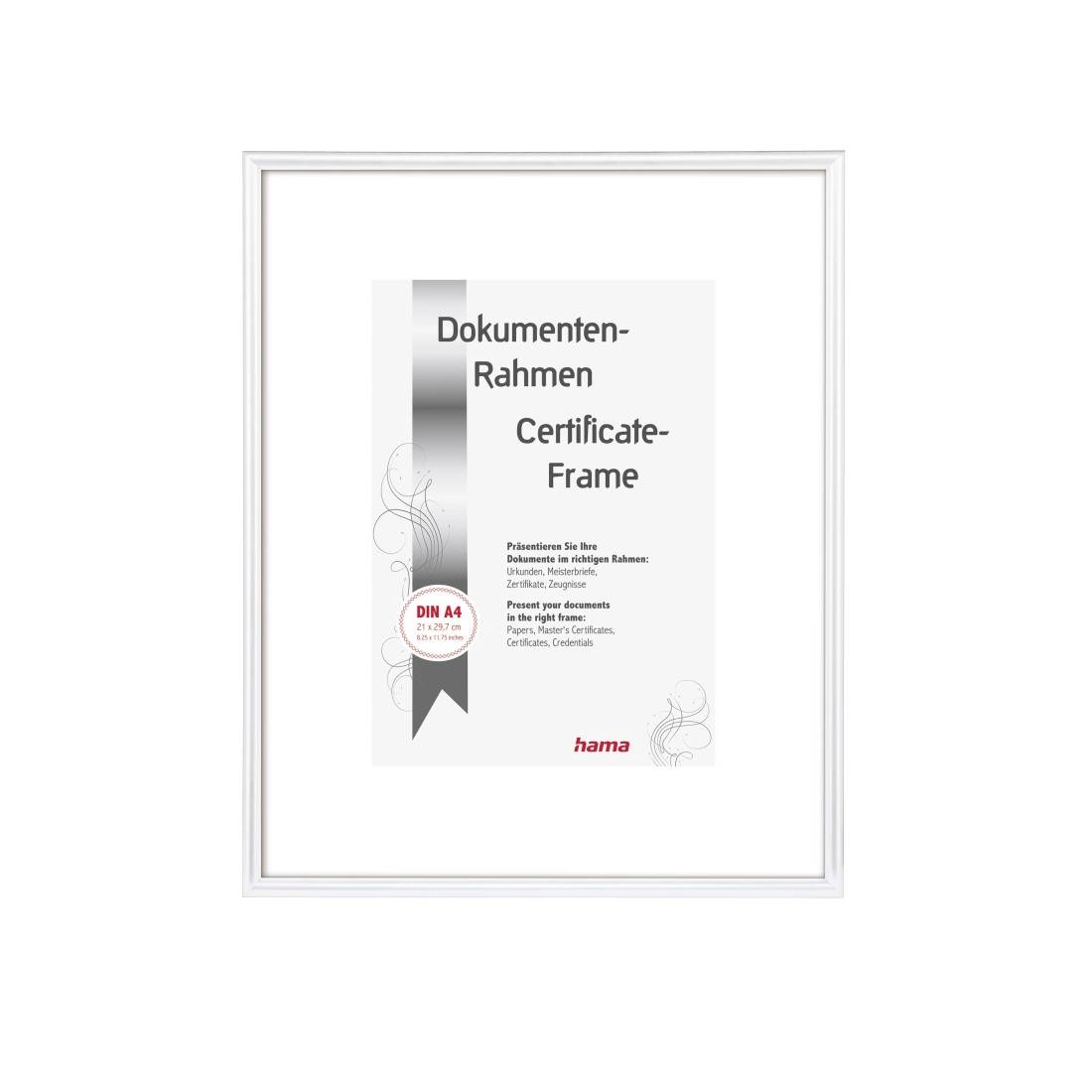 Cadre blanc pour documents présenté avec étiquette produit lisant « Dokumenten-Rahmen / Certificate-Frame », DIN A4, par hama.