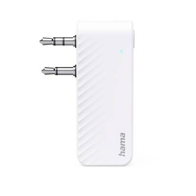 Adaptateur audio à double fiche Hama blanc avec deux prises métalliques et un petit voyant indicateur bleu sur un fond neutre.