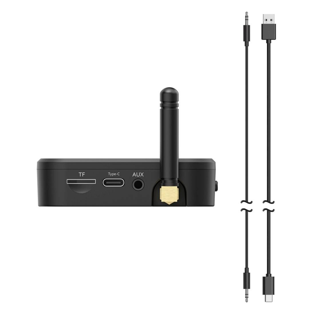 Adaptateur audio sans fil noir avec antenne, affichant les ports carte TF, Type-C et AUX, plus les câbles USB et 3,5 mm inclus.