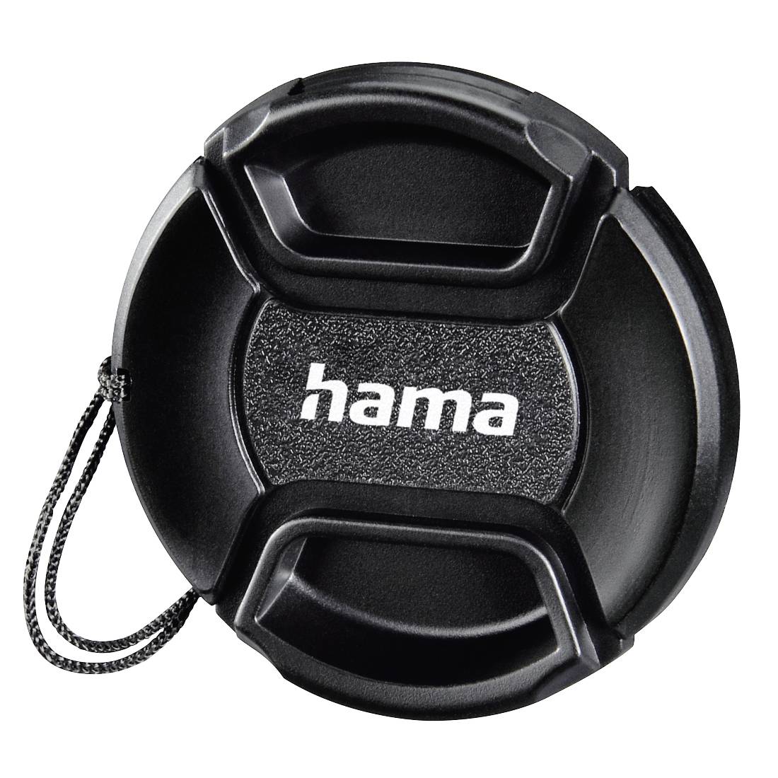 Bouchon d'objectif de caméra Hama noir avec dragonne, présenté en vue de face sur un fond blanc.