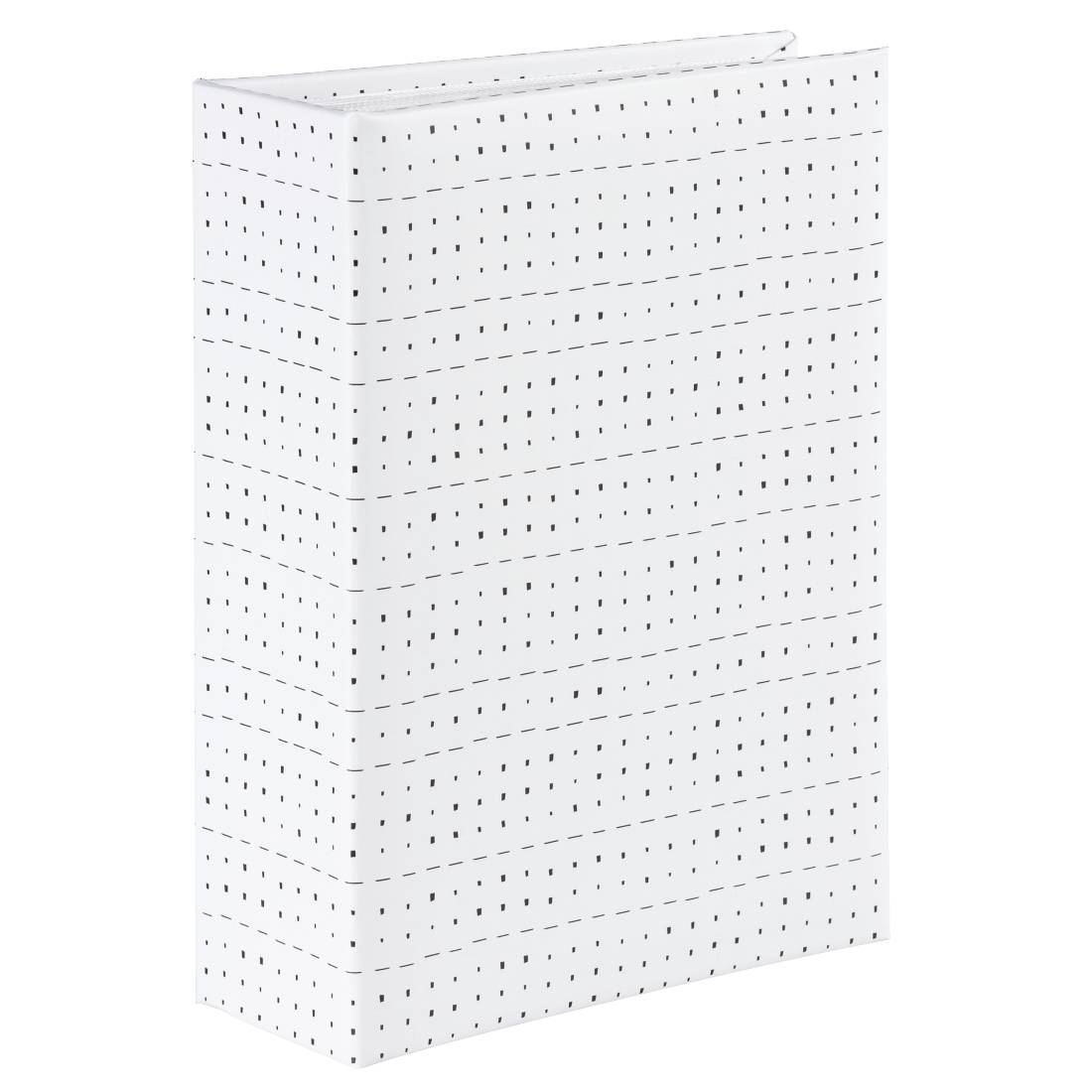 Boîte de rangement blanche perforée avec couvercle à charnière et motif de petits points, présentée sur un fond uni.