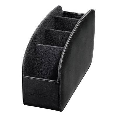 Organisateur de fichiers de bureau en cuir noir avec quatre compartiments inclinés et un logo à l'avant.