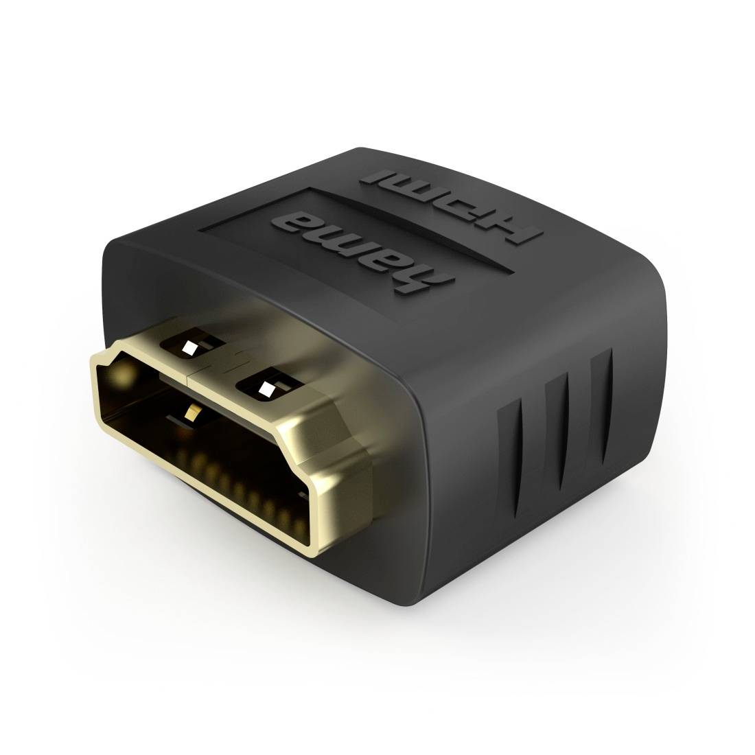 Gros plan d'un adaptateur connecteur HDMI femelle noir avec ouverture de port doré sur fond blanc.