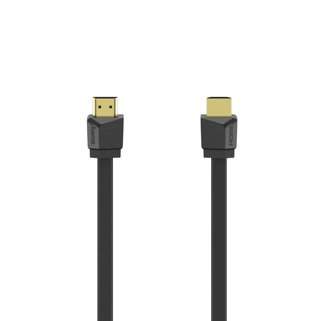 Deux câbles HDMI noirs présentés côte à côte, avec un connecteur vue de face et l'autre vue de l'arrière sur un fond blanc.