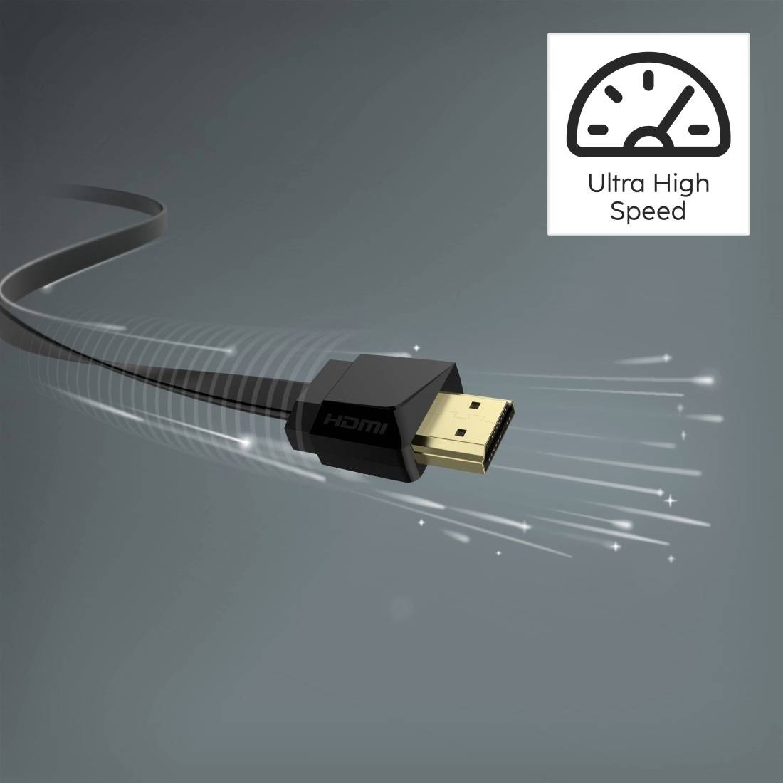 Câble HDMI avec badge « Ultra Haut Débit » et icône de compteur de vitesse, indiquant un transfert de données rapide.
