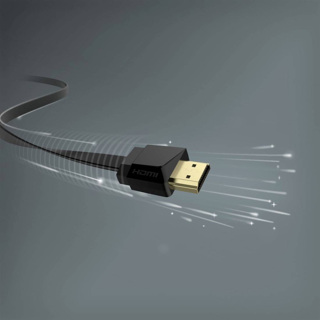 Gros plan d'un câble HDMI avec le connecteur orienté vers la droite, montré sur un fond gris avec des traînées de mouvement suggérant la vitesse ou le transfert de signal.