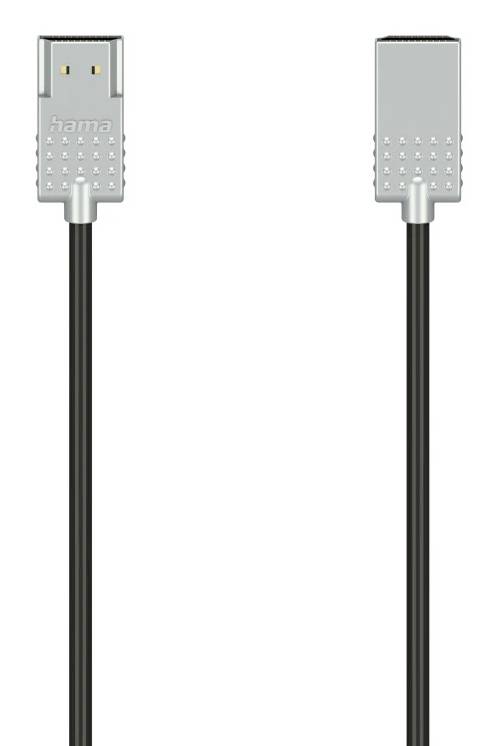 Deux vues d'un câble USB noir avec des connecteurs rectangulaires argentés, l'une montrant l'avant et l'autre l'arrière, sur un fond blanc.