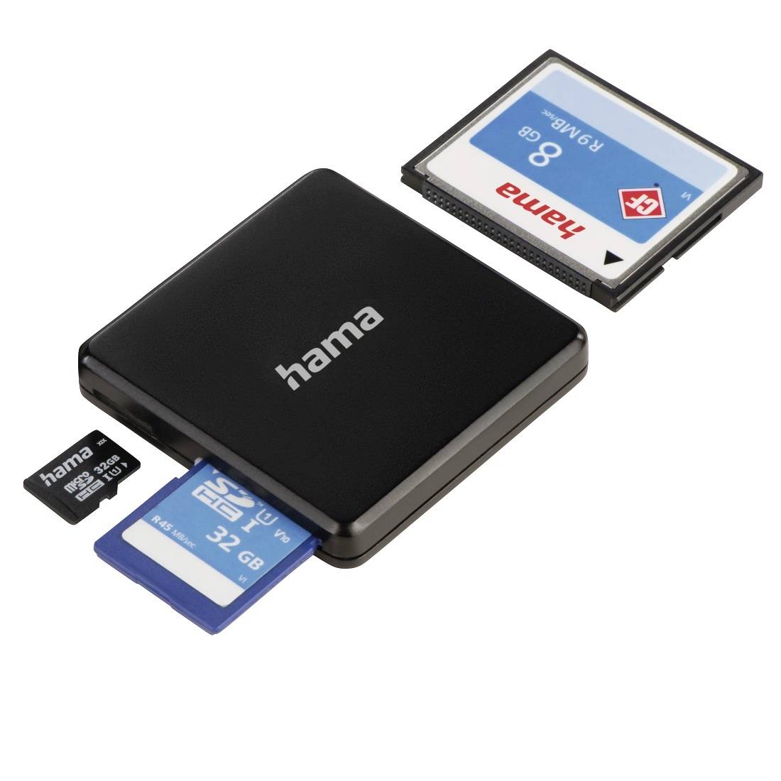 Lecteur de cartes Black Hama avec cartes mémoire SD, SDHC et microSD partiellement insérées ou affichées à côté.